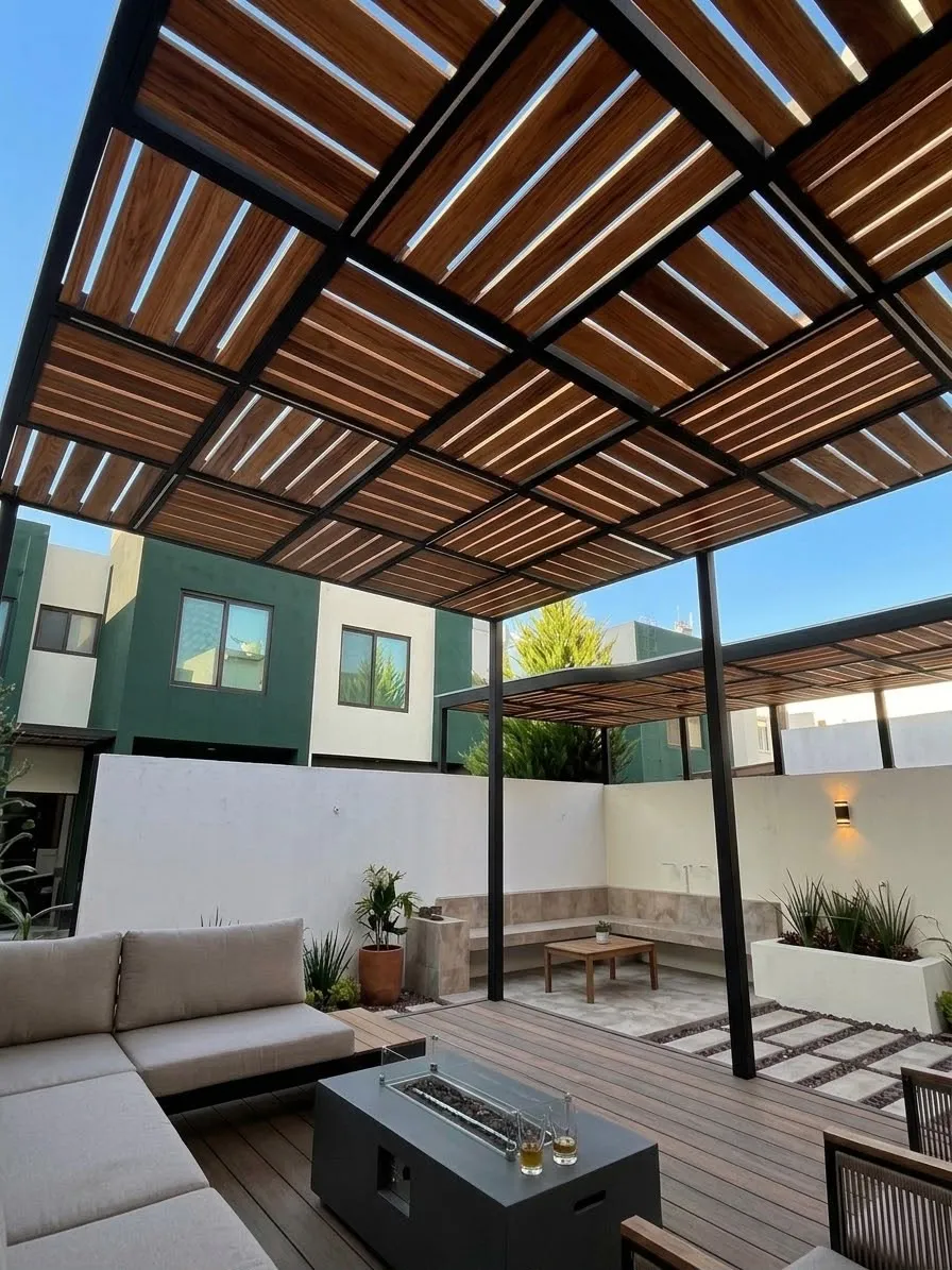 Pérgola de Antor Studio vista desde abajo: estructura negra de PTR con techumbre de listones de madera Kumaru sobre una terraza con sala de exterior.